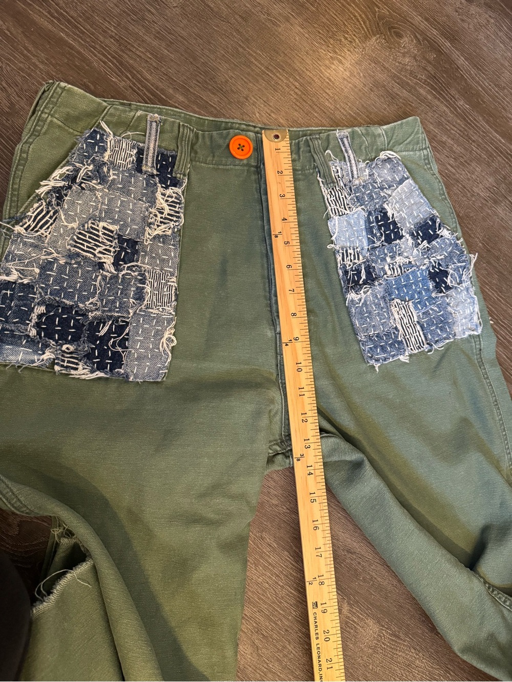 MOTHER Upcycled Olive Green Capris with Blue Patch Sashiko Pockets - Picture 8 of 8